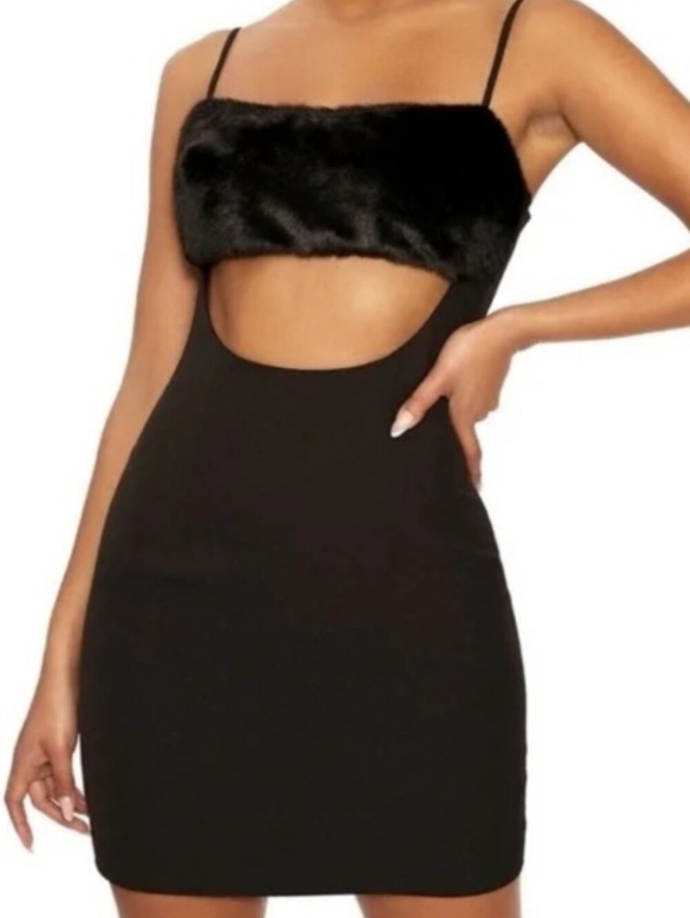 Naked Wardrobe NEW Black Faux Fur Cutout Mini Pencil Dress S